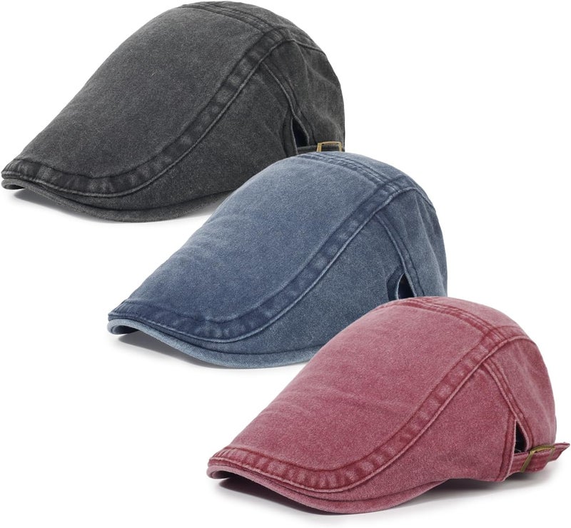 Qlauca Store 3Pcs Men's Newsboy Caps Washing Cotton Cooling Lightweight Scally Cap for Men Adjustable Flat Cap - Image 1